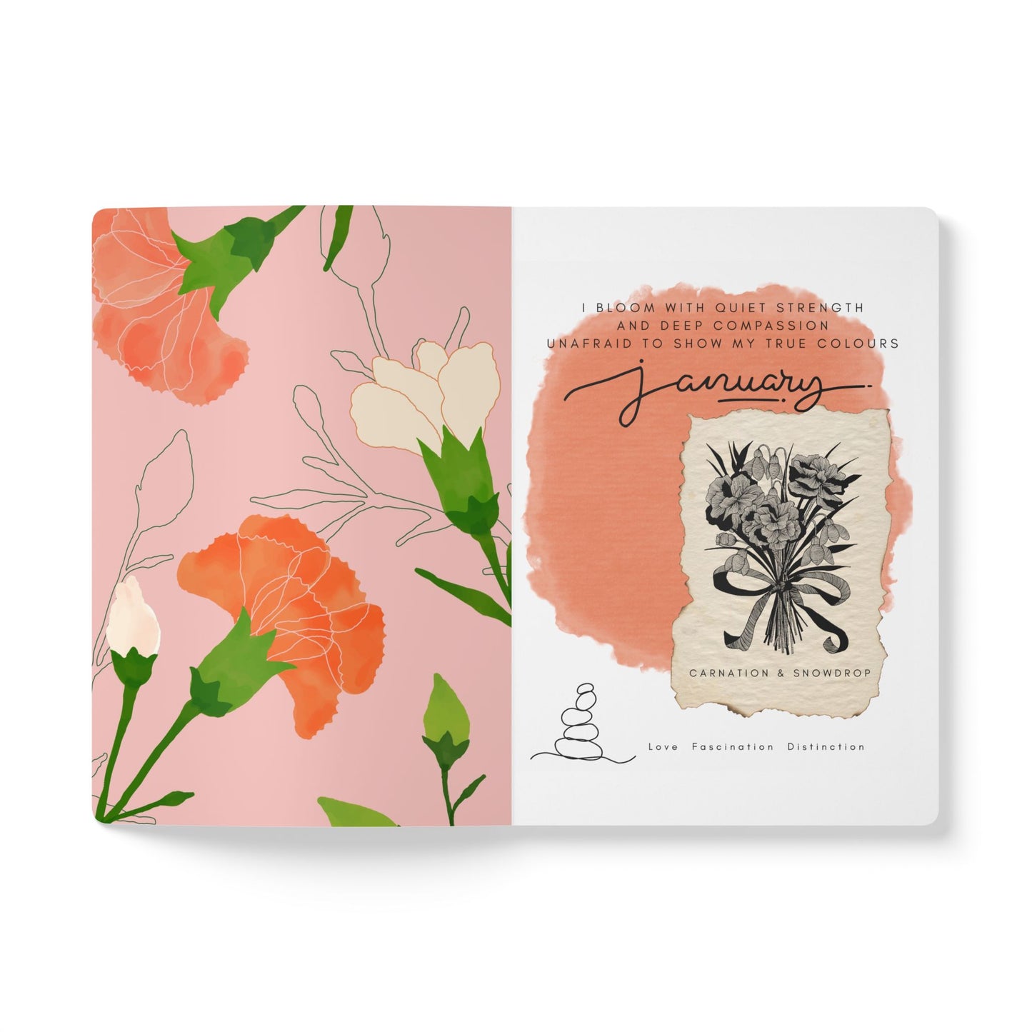 January Birth Flower Inspired Wellness Journal | Mindfulness | Affirmation | Carnation & Snowdrop