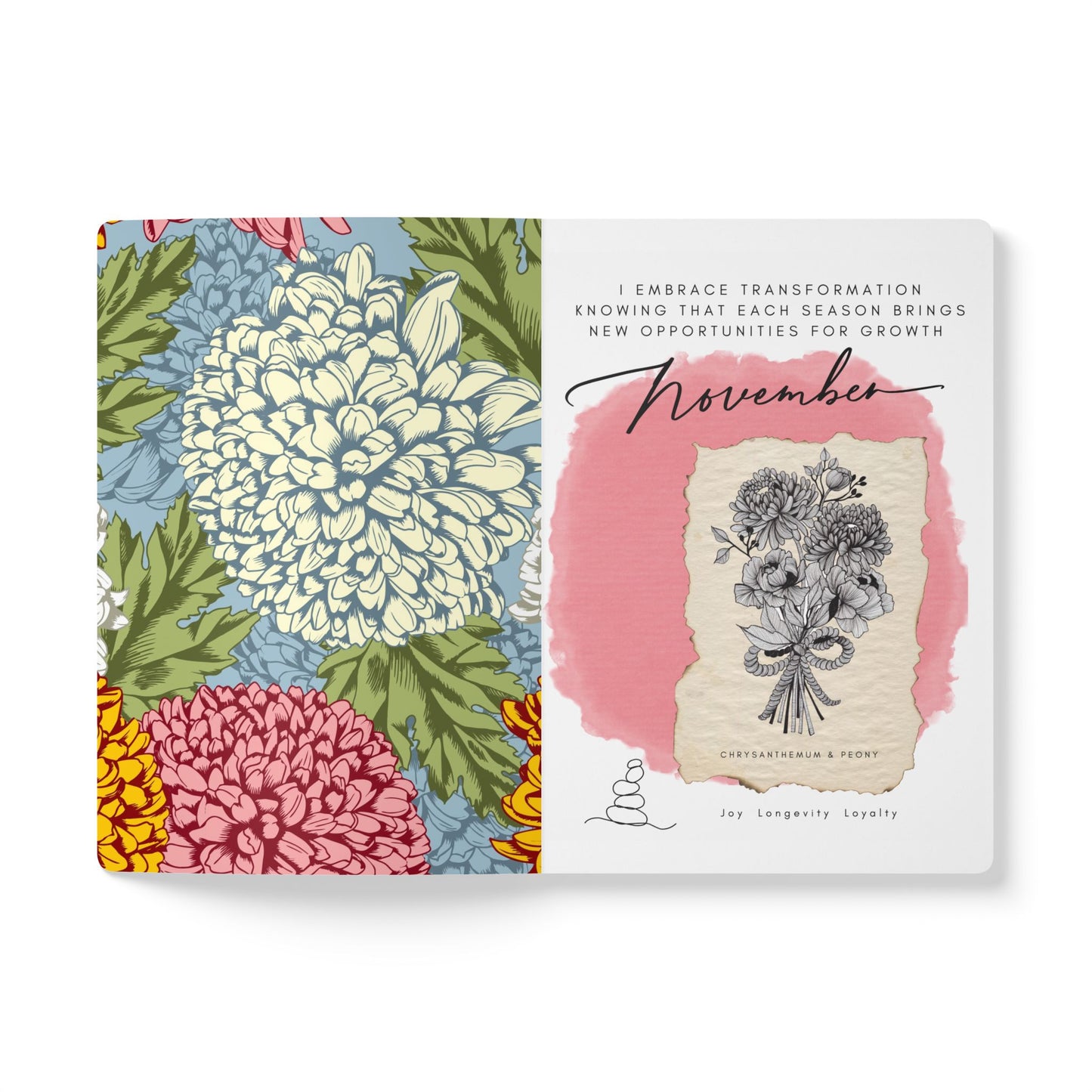 November Birth Flower Inspired Wellness Journal | Mindfulness | Affirmation | Chrysanthemum & Peony