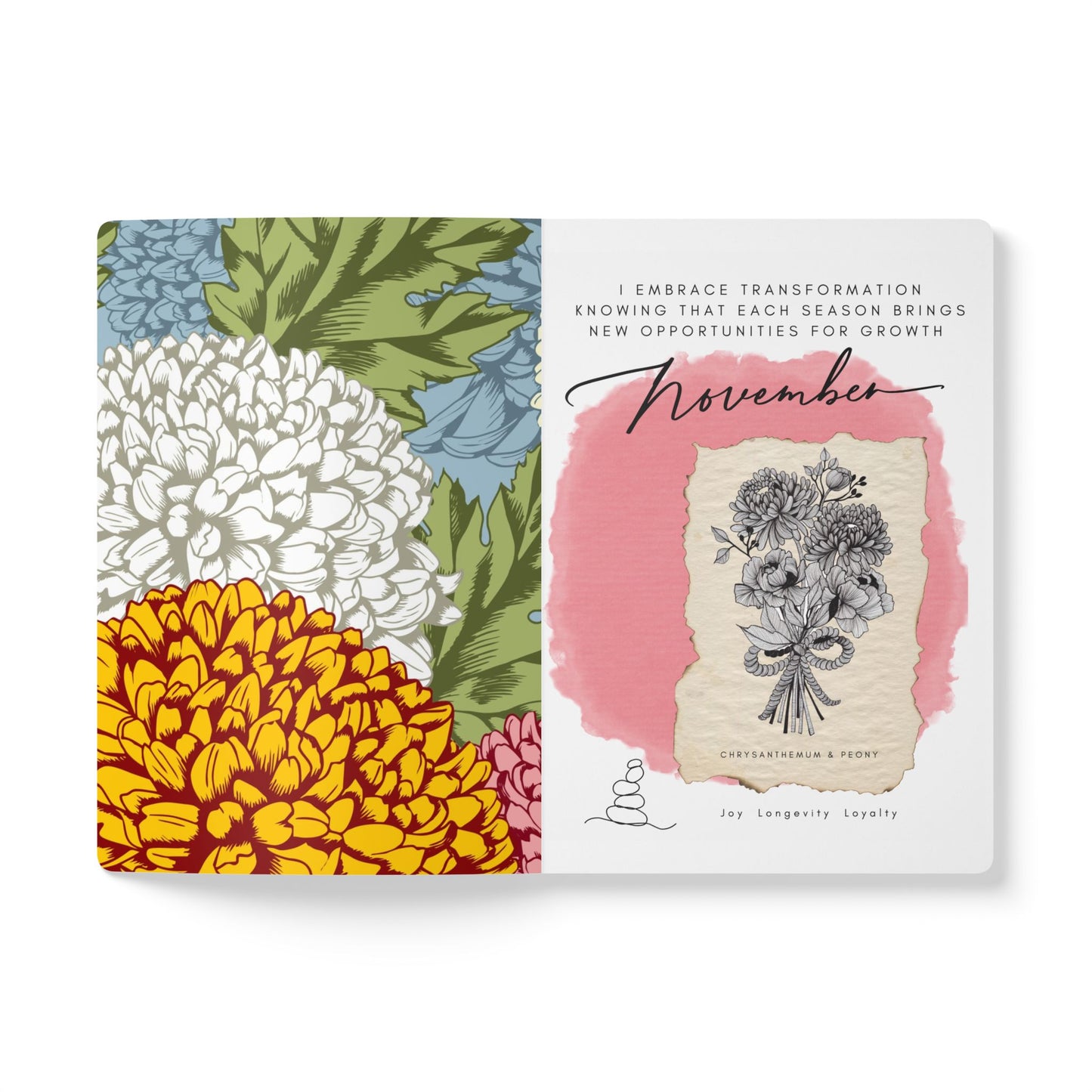 November Birth Flower Inspired Wellness Journal | Mindfulness | Affirmation | Chrysanthemum & Peony