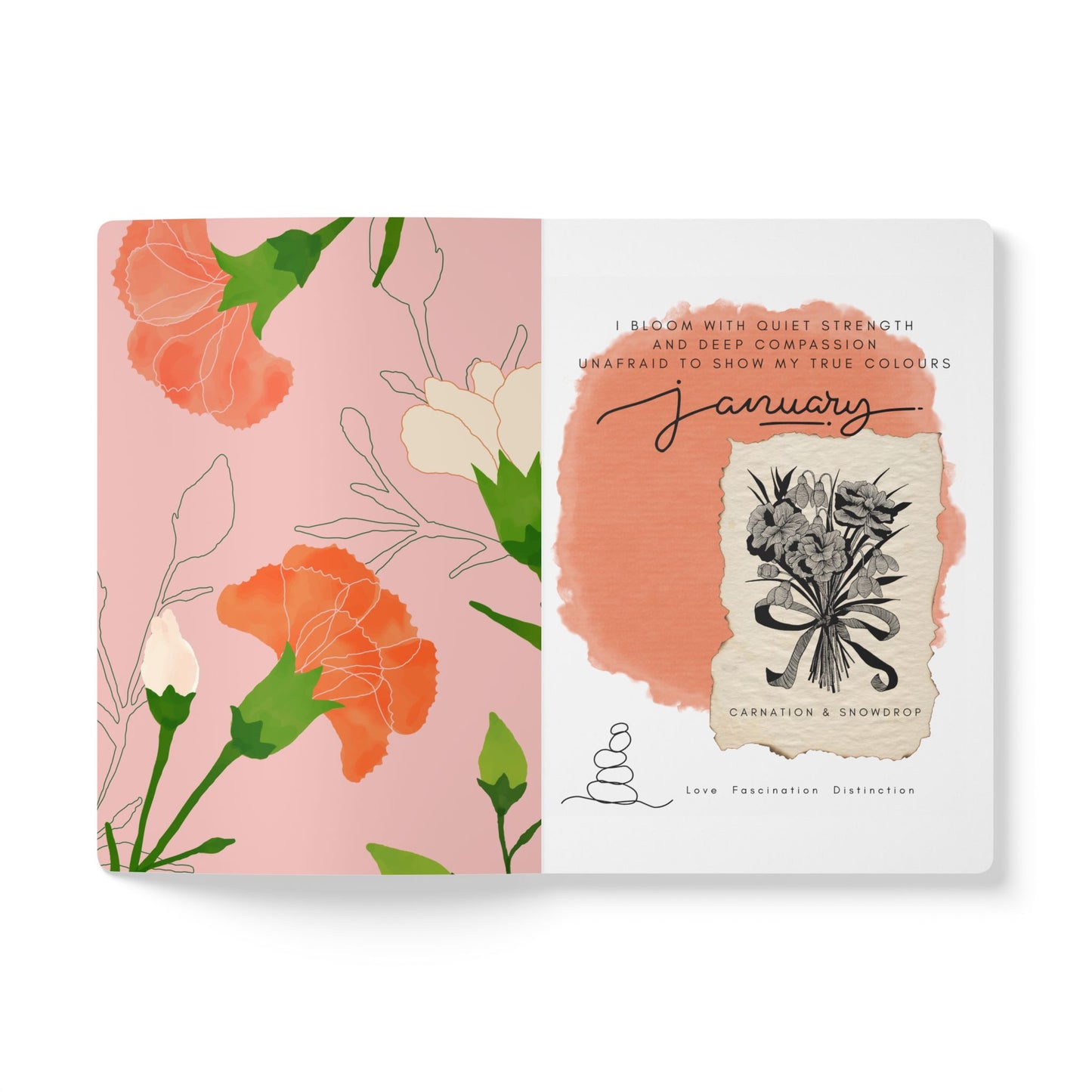 January Birth Flower Inspired Wellness Journal | Mindfulness | Affirmation | Carnation & Snowdrop