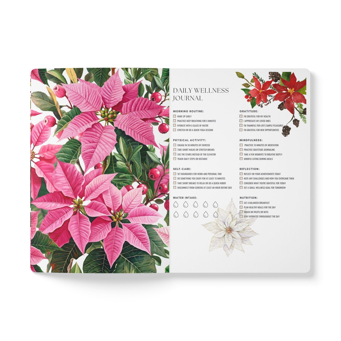 December Birth Flower Inspired Wellness Journal | Mindfulness | Affirmation | Holly & Poinsettia