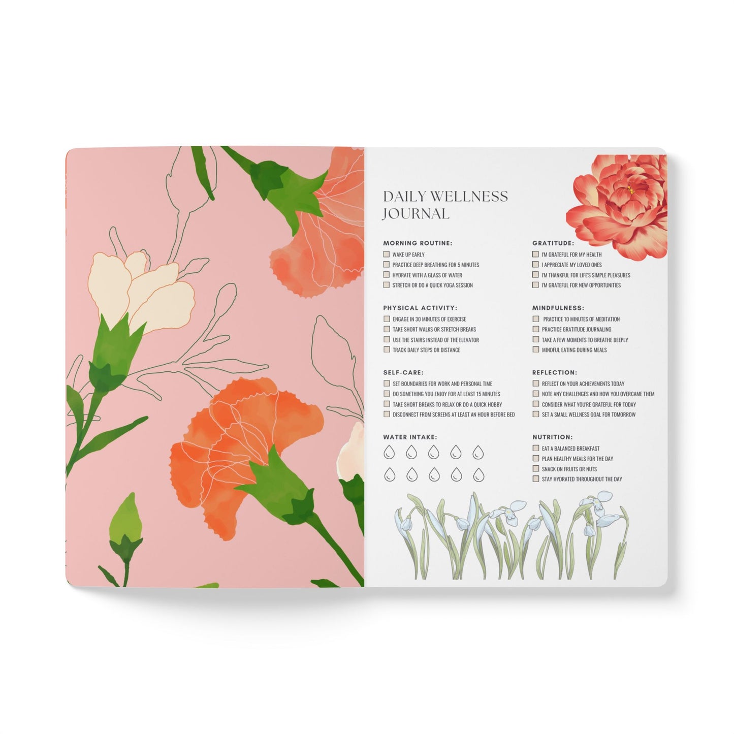 January Birth Flower Inspired Wellness Journal | Mindfulness | Affirmation | Carnation & Snowdrop