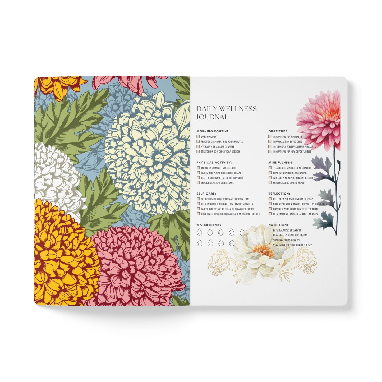 November Birth Flower Inspired Wellness Journal | Mindfulness | Affirmation | Chrysanthemum & Peony