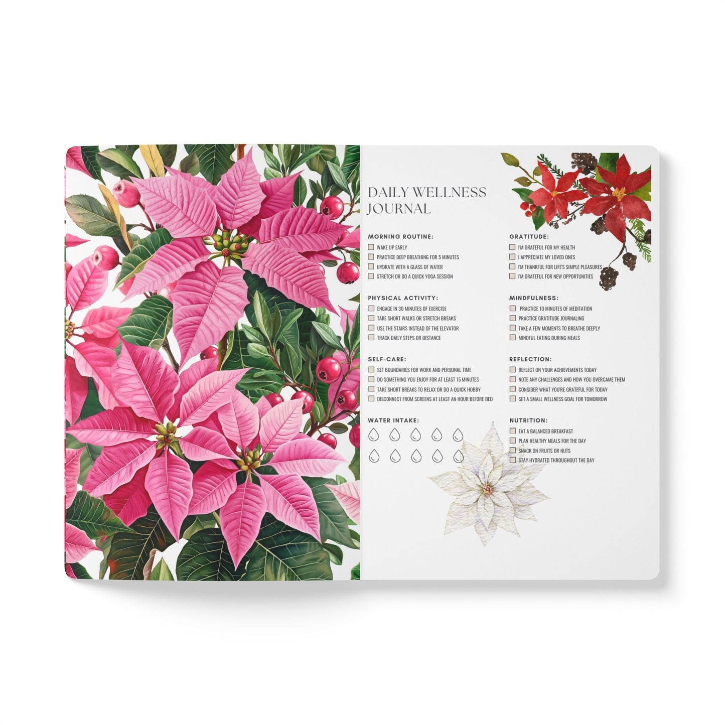 December Birth Flower Inspired Wellness Journal | Mindfulness | Affirmation | Holly & Poinsettia