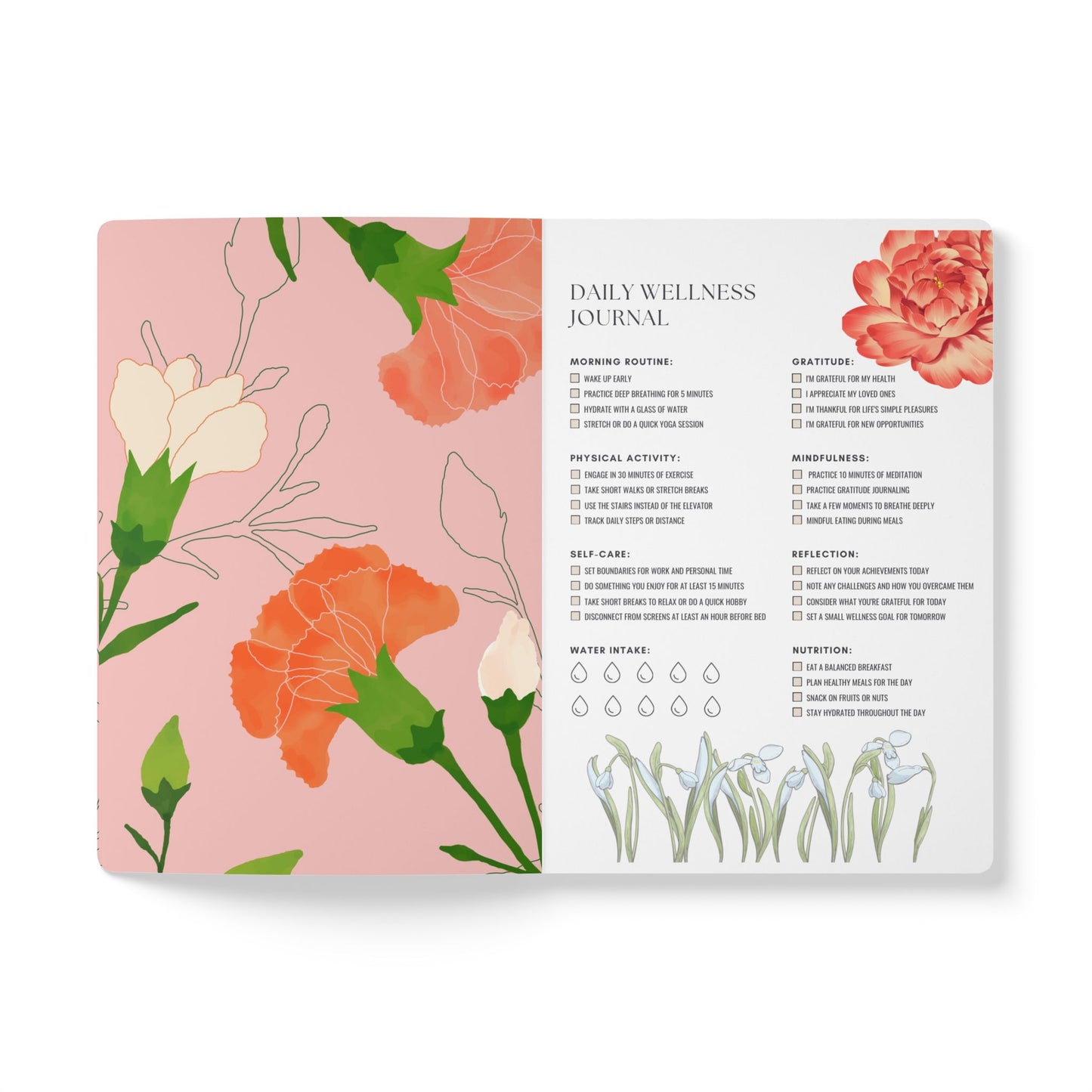 January Birth Flower Inspired Wellness Journal | Mindfulness | Affirmation | Carnation & Snowdrop